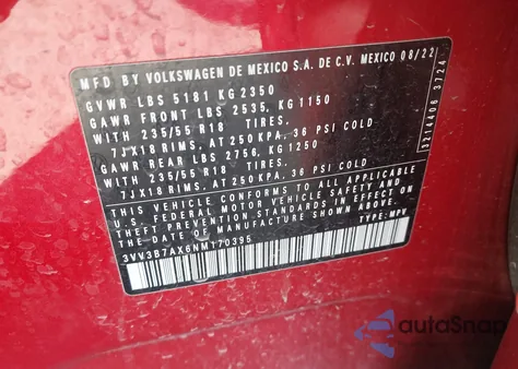 2022 Volkswagen Tiguan 2.0T Se из США, поврежденный, VIN 3VV3B7AX6NM170395